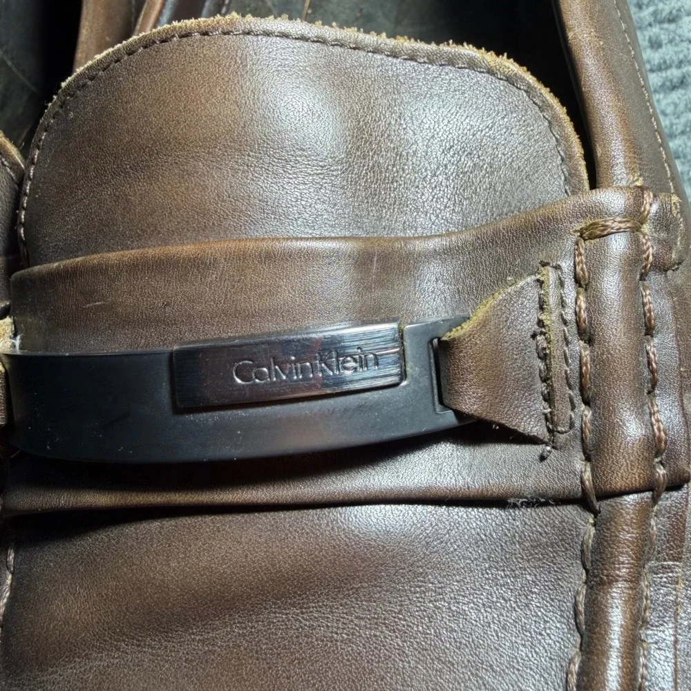 Calvin Klein Cordell Mens Brown Leather Square Toe Loafers Shoes 12M 34F0254